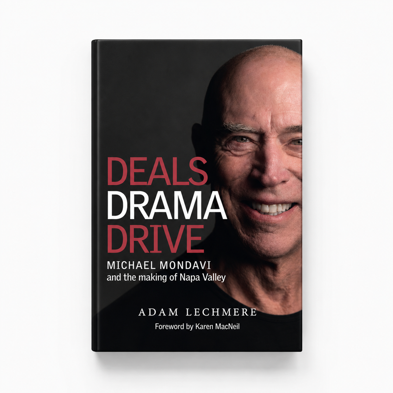Book cover of 'Deals Drama Drive' by Adam Lechmere, featuring a close-up portrait of Michael Mondavi on a black background with red and white title text.