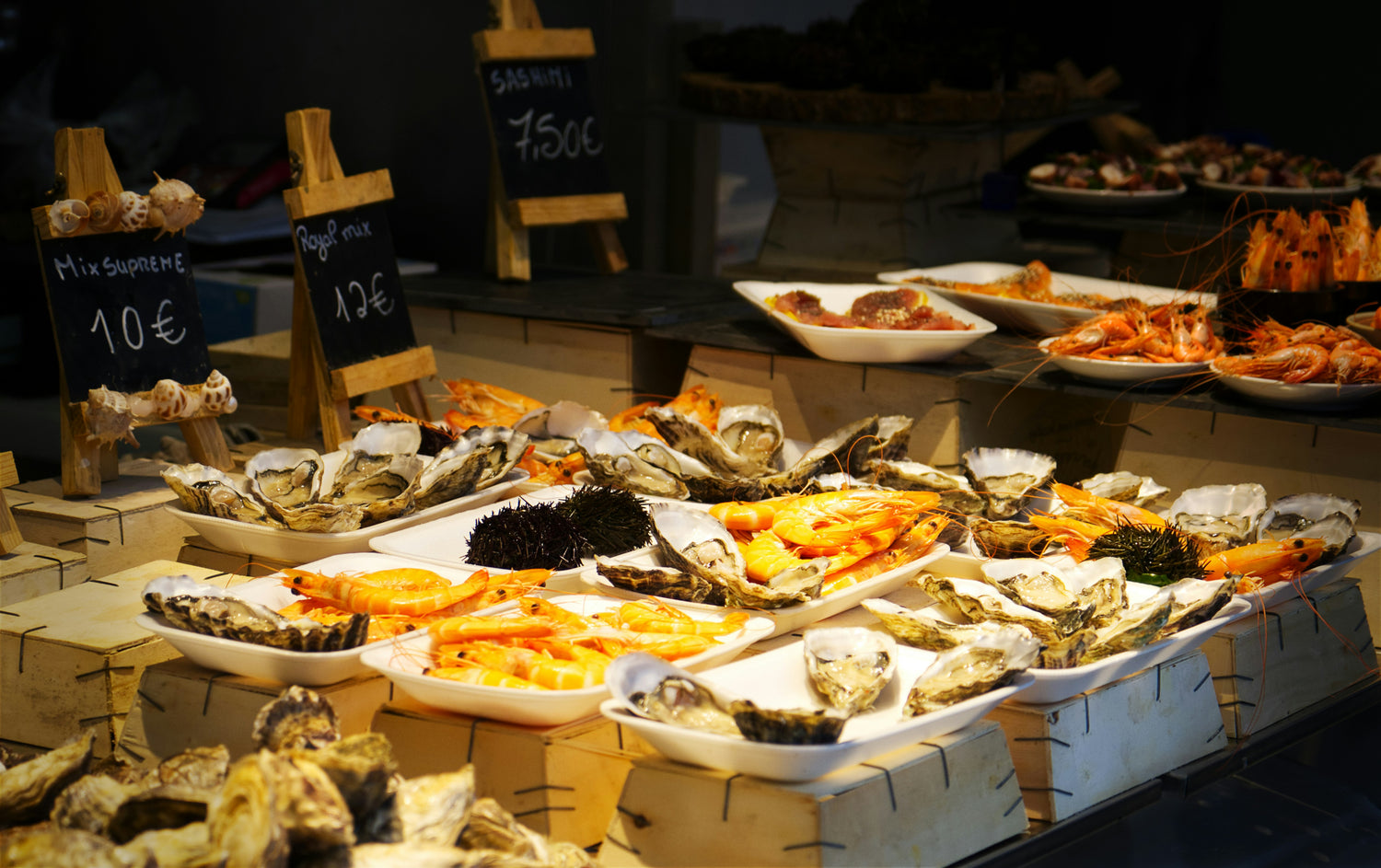 A selection of fresh fish and seafood at a market stand in Porto