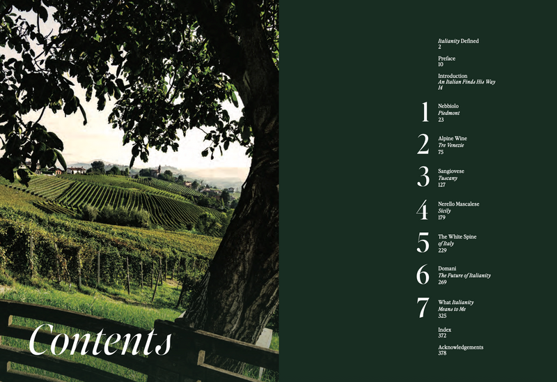 Table of contents page with vineyard image on a green background