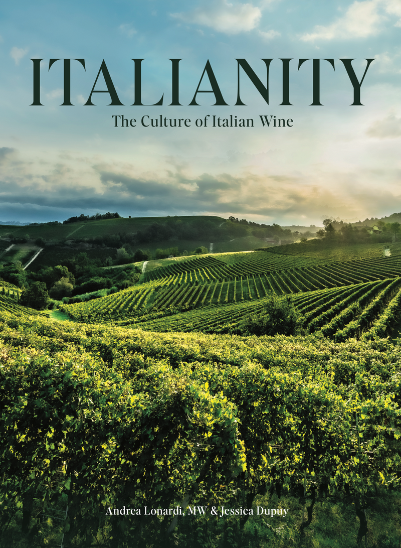 Book cover of 'Italianity: The Culture of Italian Wine' with vineyards in the background