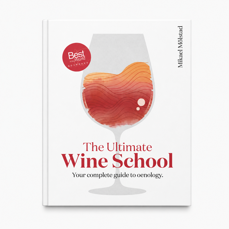 The Ultimate Wine School book cover by Mikael Möklstrand, featuring a white background with a stylised wine glass graphic containing red and orange wine, and a red 'Best of Wine' badge by Gourmand