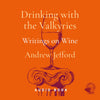 Book cover of 'Drinking with the Valkyries: Writings on Wine' by Andrew Jefford with an orange background and wine glass illustration.