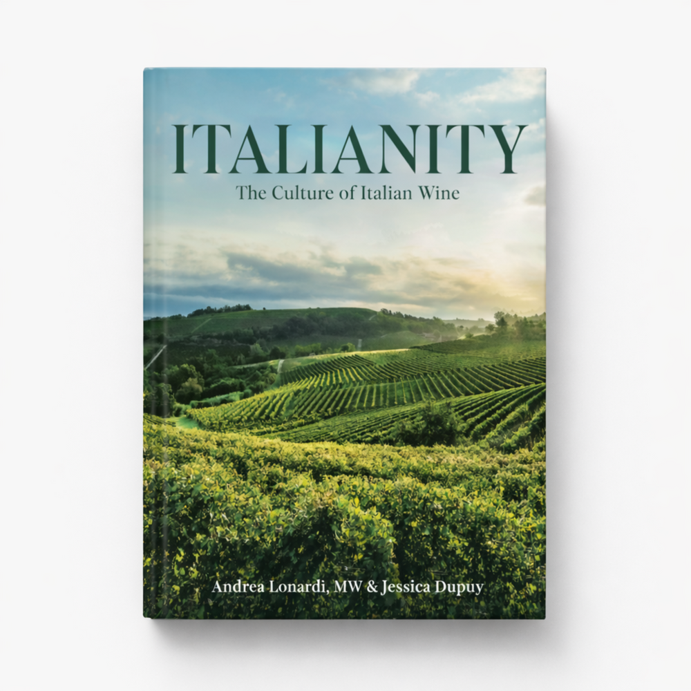 Book cover of 'Italianity: The Culture of Italian Wine' with vineyard landscape on a white background